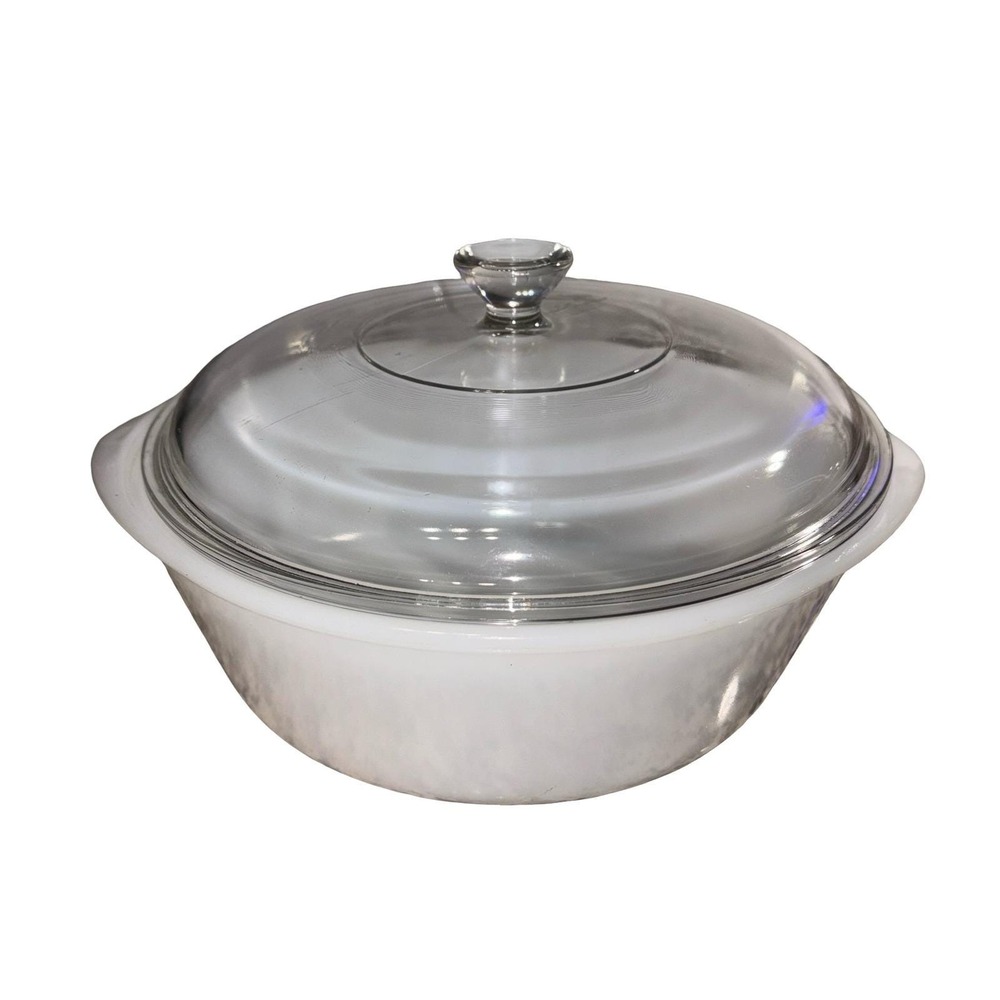 Vintage Glasbake Milk Glass Casserole Dish with Clear Glass Lid Round White - Picture 2 of 6